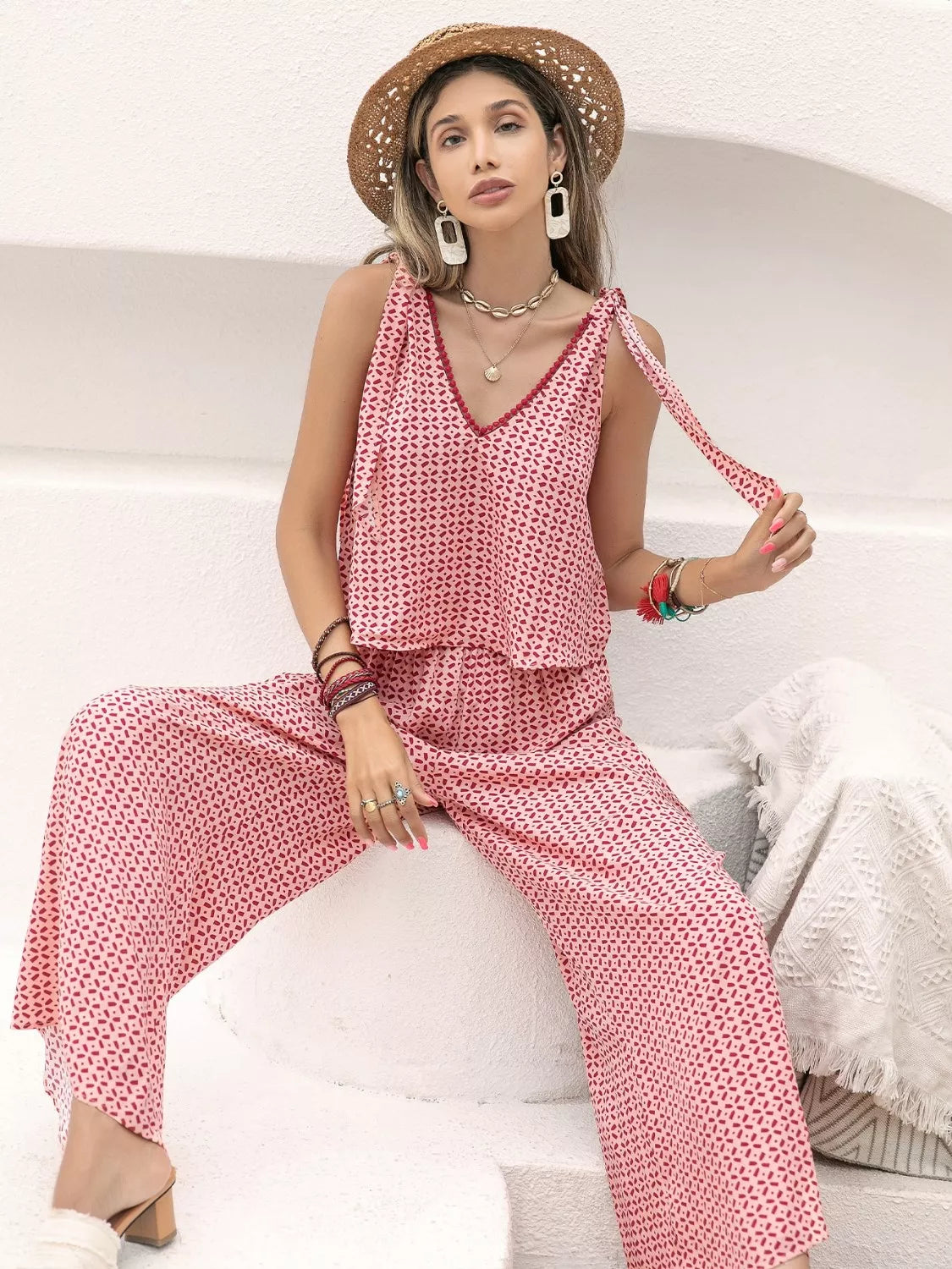 Gingham Tie Shoulder Top and Pants Set