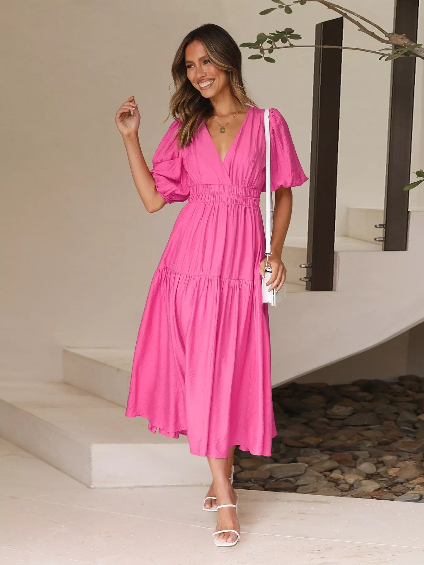 Tiered Puff Sleeve Midi Dress Hot Pink