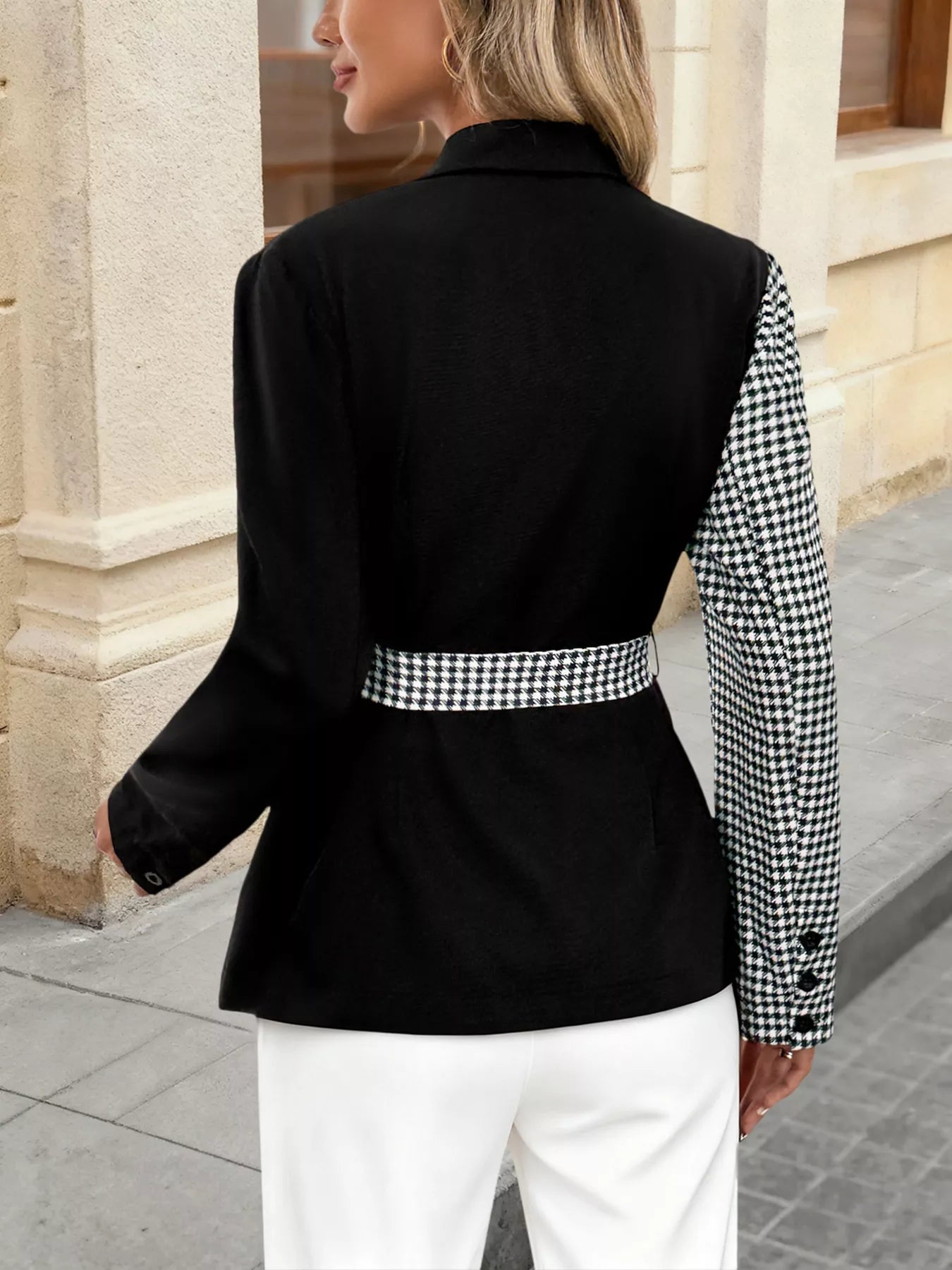 Contrast Houndstooth Tie Waist Blazer