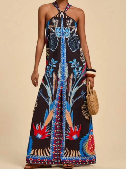 Printed Halter Wide-Leg Jumpsuit Royal Blue