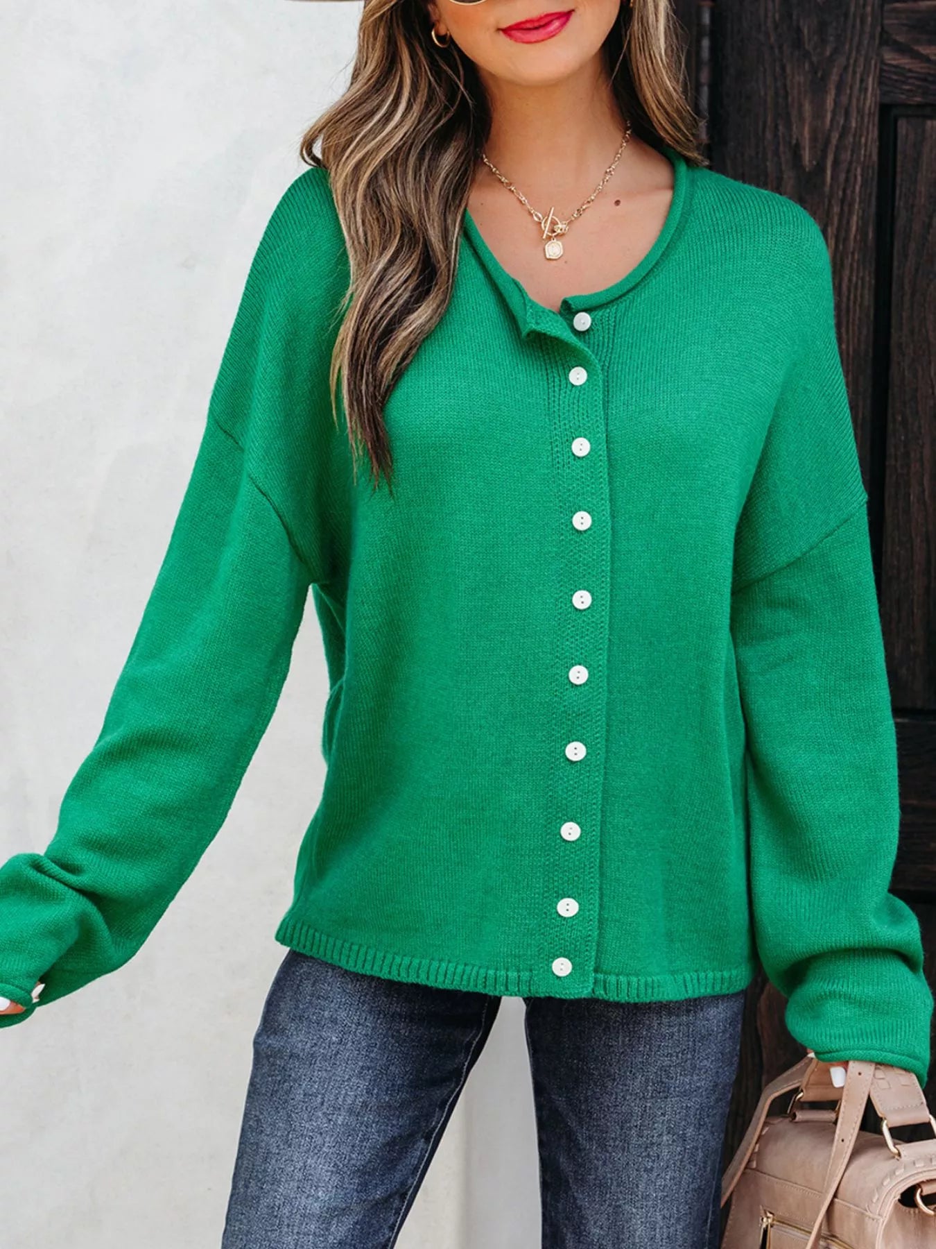 Solid Color Knit Button Drop Shoulder Sweater Cardigan