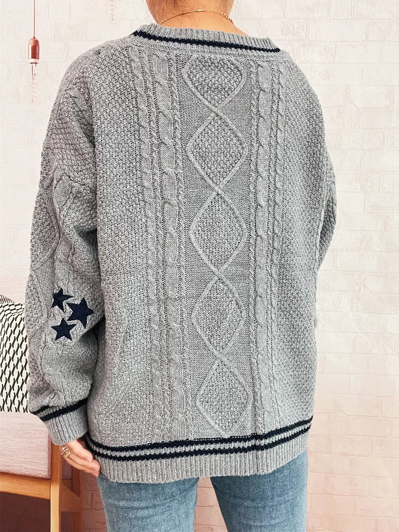Star Pattern Button-Up Cardigan with Contrast Trim