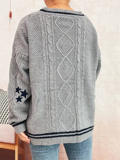 Star Pattern Button-Up Cardigan with Contrast Trim
