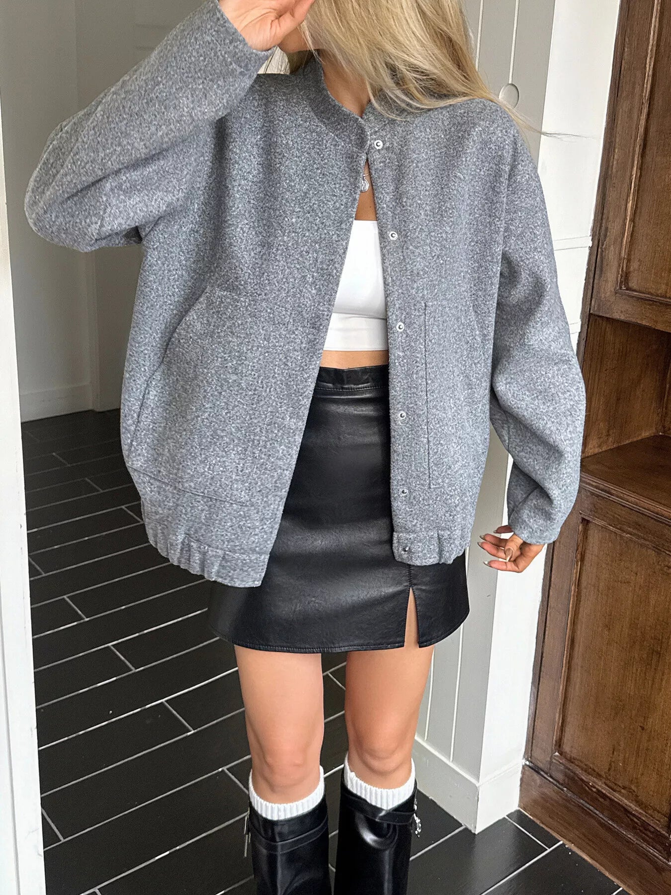 Snap Down Dropped Shoulder Jacket Gray