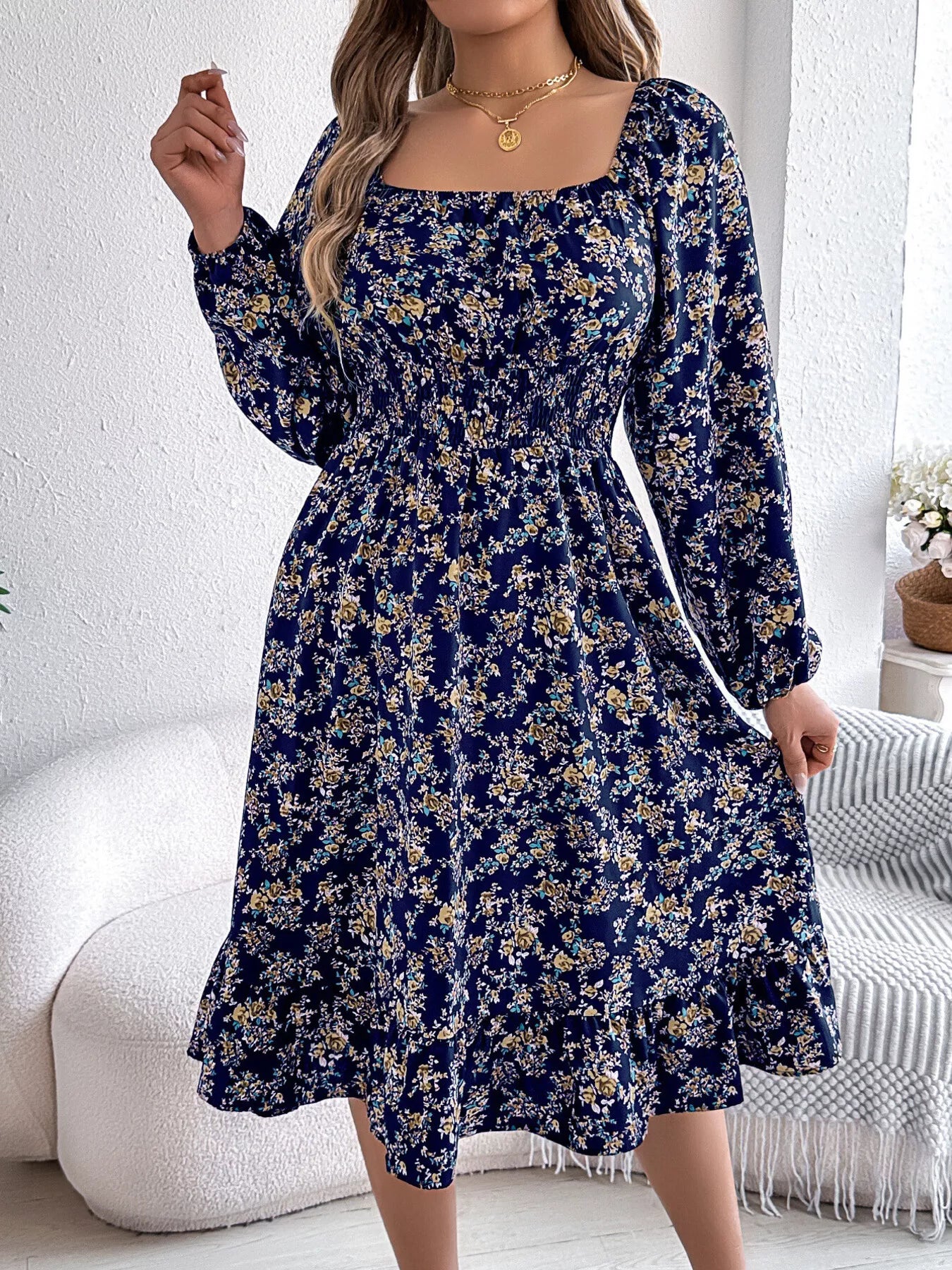 Floral Print Long Sleeve Square Neck Midi Dress