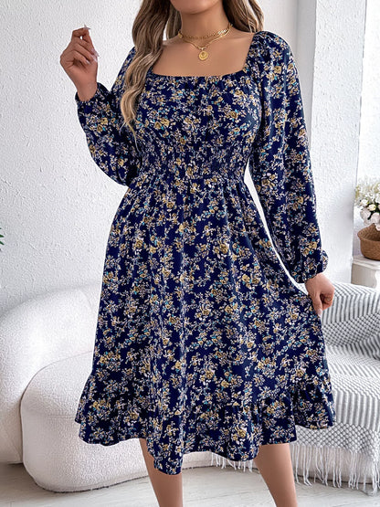 Floral Print Long Sleeve Square Neck Midi Dress
