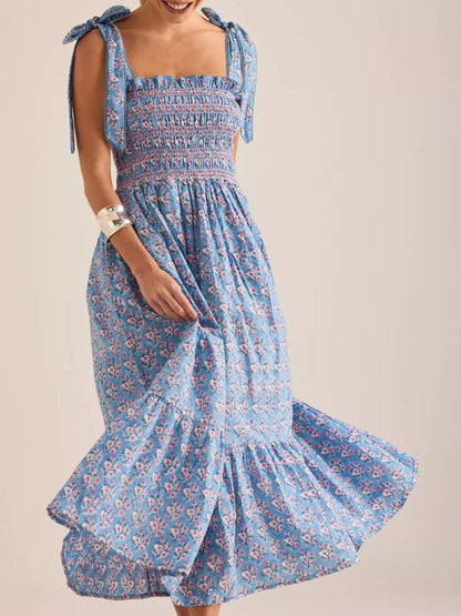 Floral Smocked Tie-Shoulder Midi Dress Sky Blue