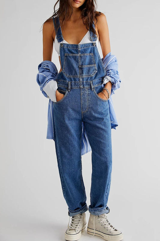 Wide Strap Square Neck Denim Overalls Medium