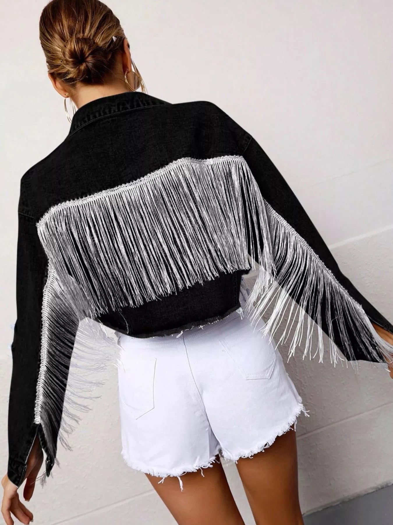 Fringe Button Up Cropped Denim Jacket Black