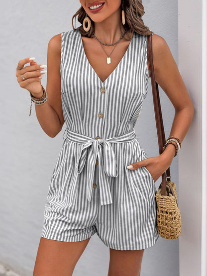 Perfee Striped V-Neck Tie Waist Romper Light Gray