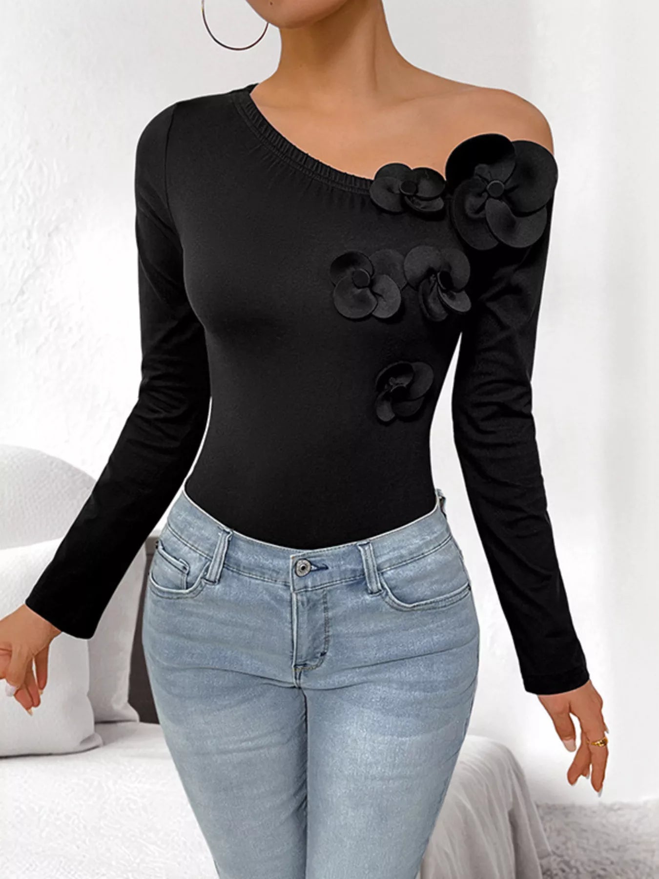 Flower One Shoulder Long Sleeve Bodysuit