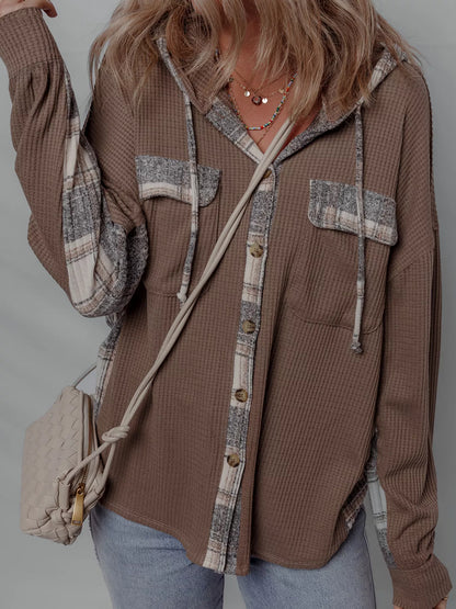 Plaid Patchwork Button Down Drawstring Hooded Shacket Coffee Brown