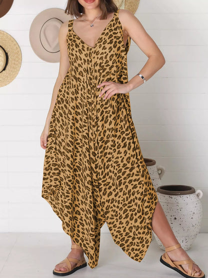 Full Size Leopard Print V-Neck Wide Leg Jumpsuit Plus Size Yellow
