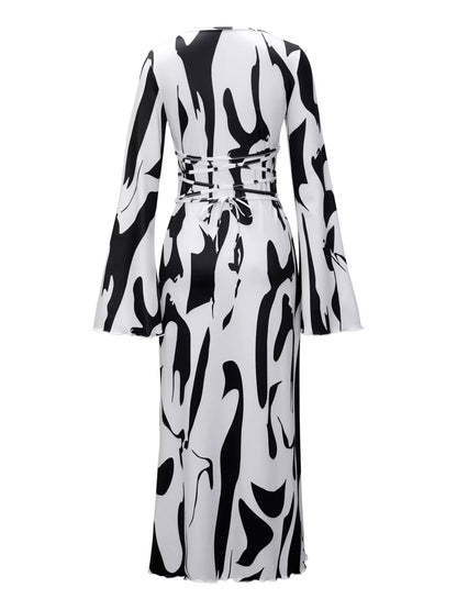 Abstract Print Long Sleeve Maxi Dress