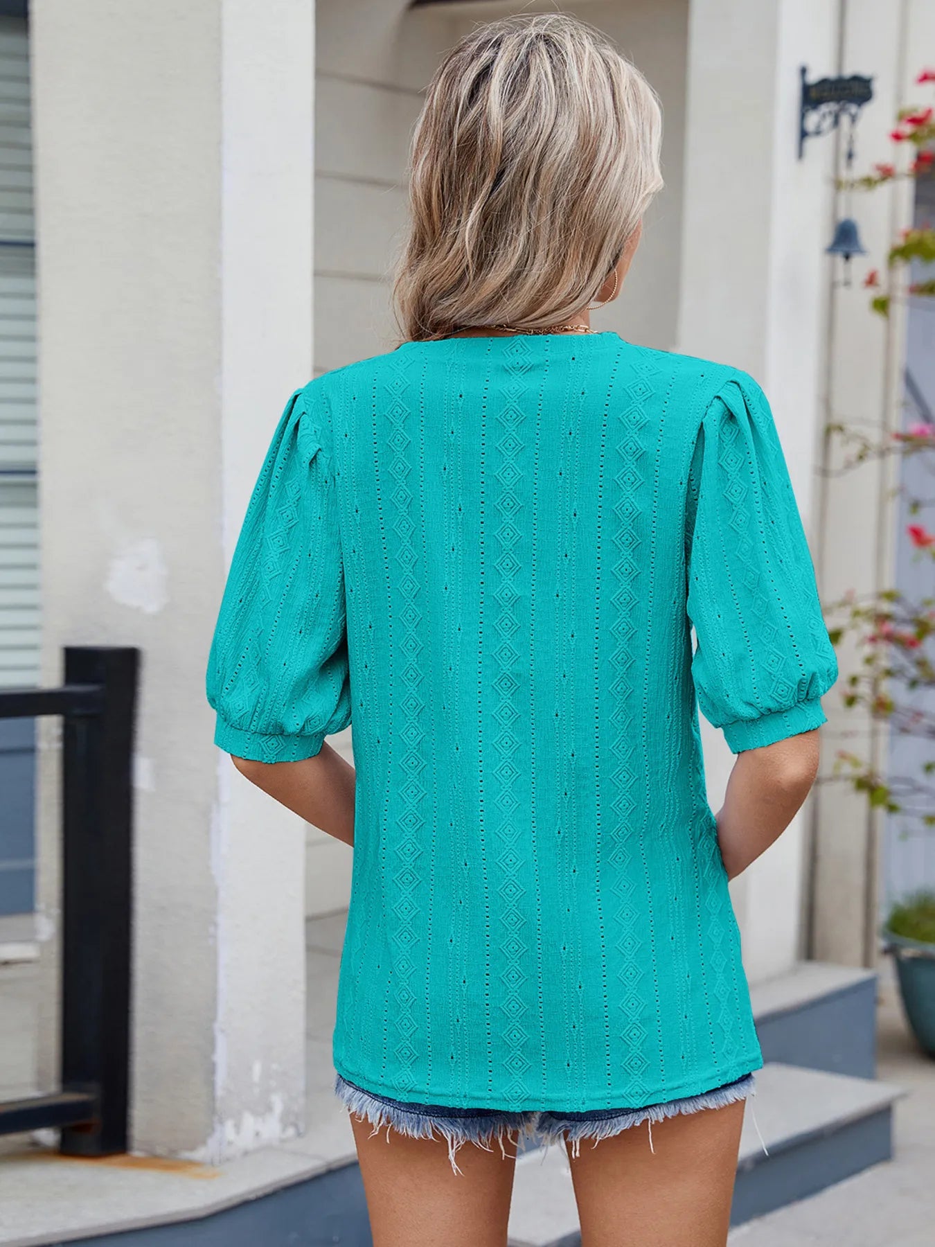 Eyelet V-Neck Puff Sleeve Casual Top