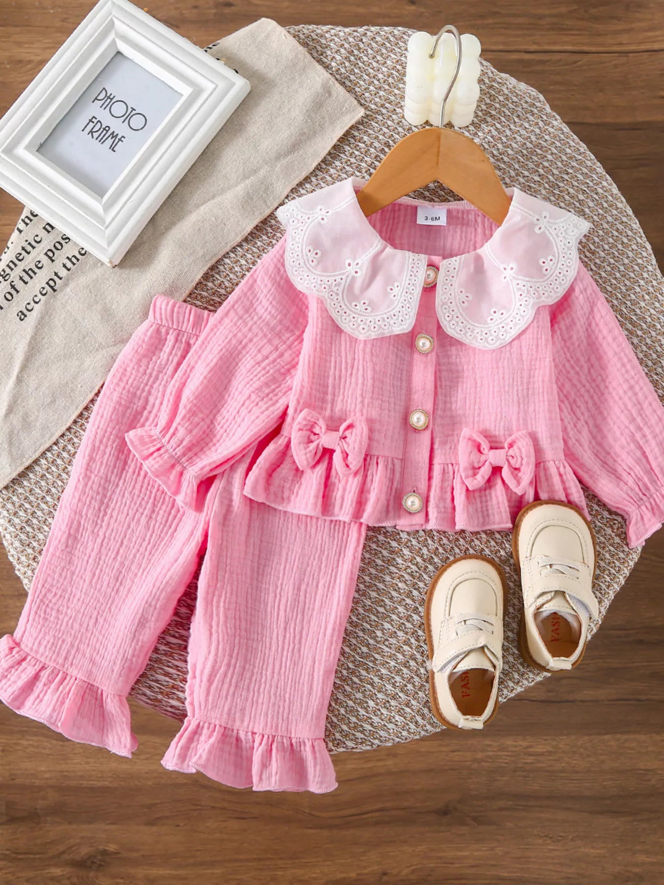 Children's Ruffle Trim Bow Decor Baby Set Pink