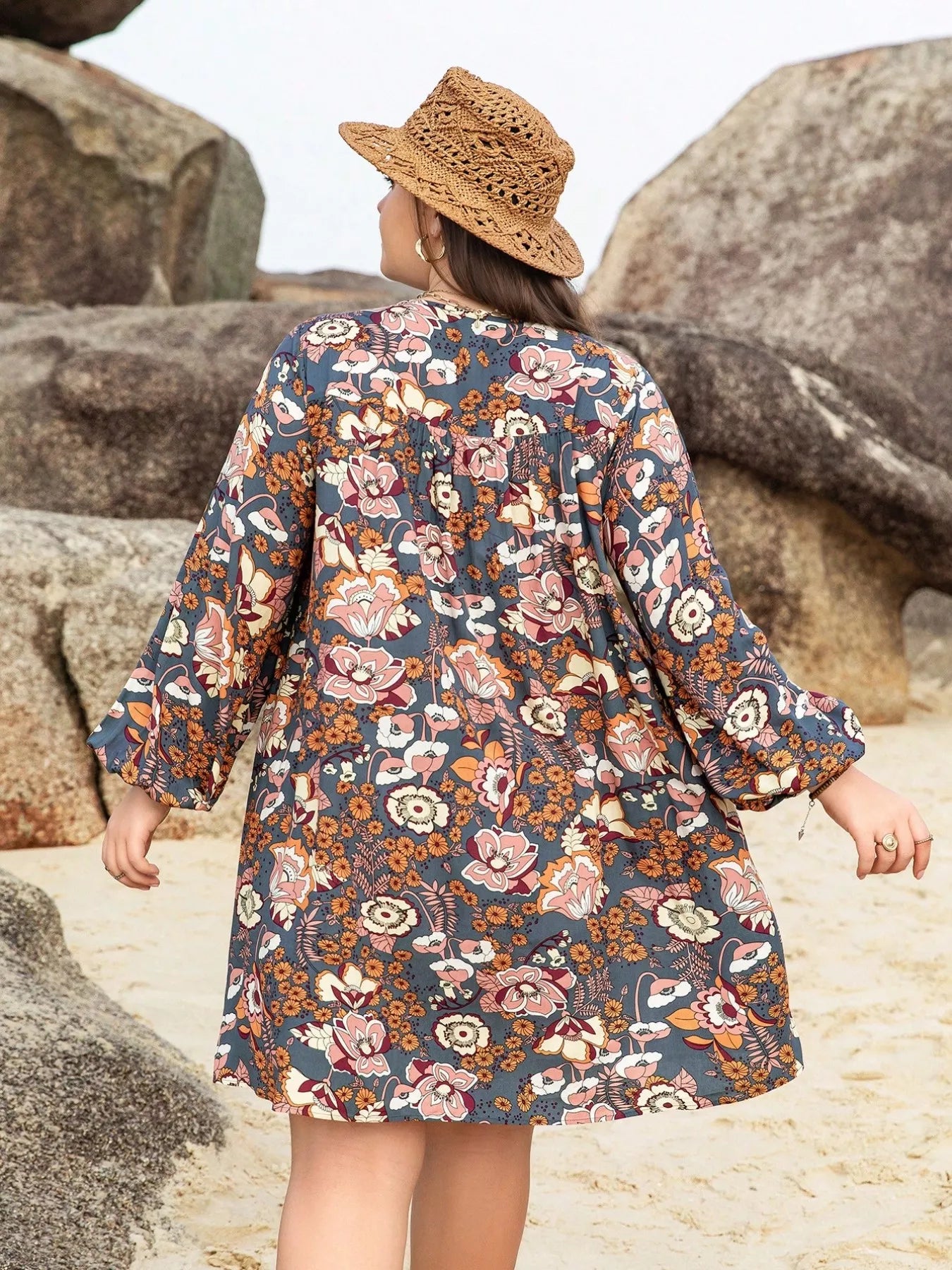 Plus Size Floral Print Long Sleeve Mini Dress