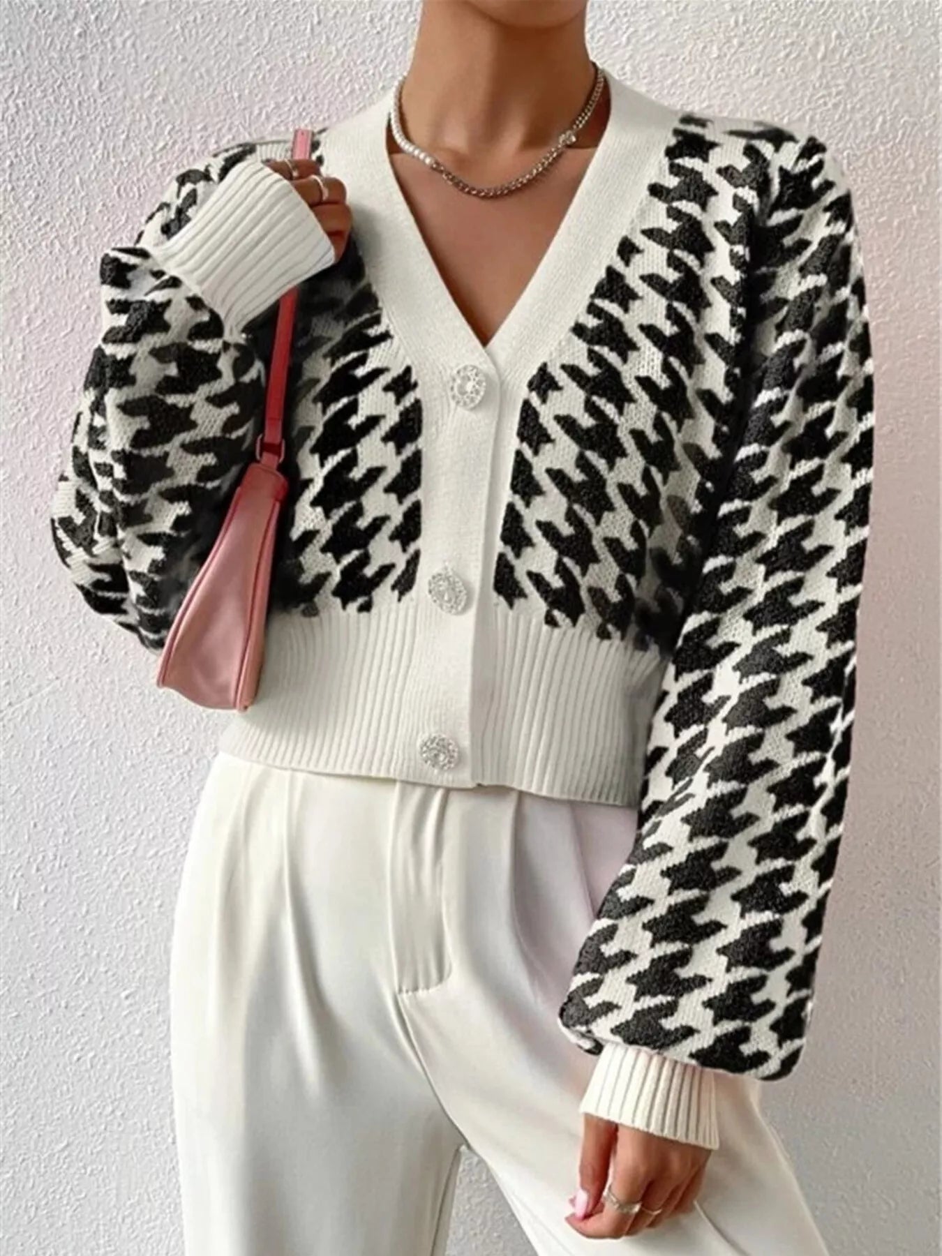Houndstooth V-Neck Button Up Cardigan