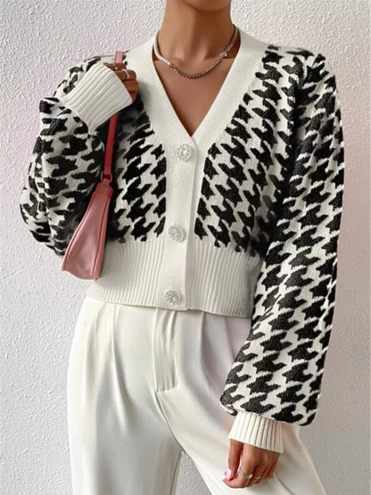 Houndstooth V-Neck Button Up Cardigan