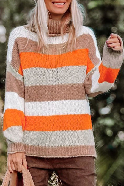 Color Block Drop Shoulder Turtleneck Sweater Stripe