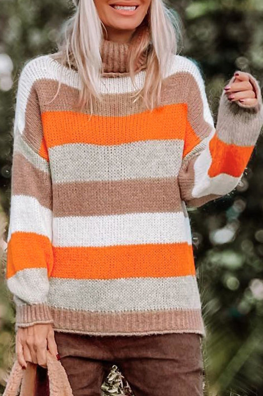 Color Block Drop Shoulder Turtleneck Sweater Stripe
