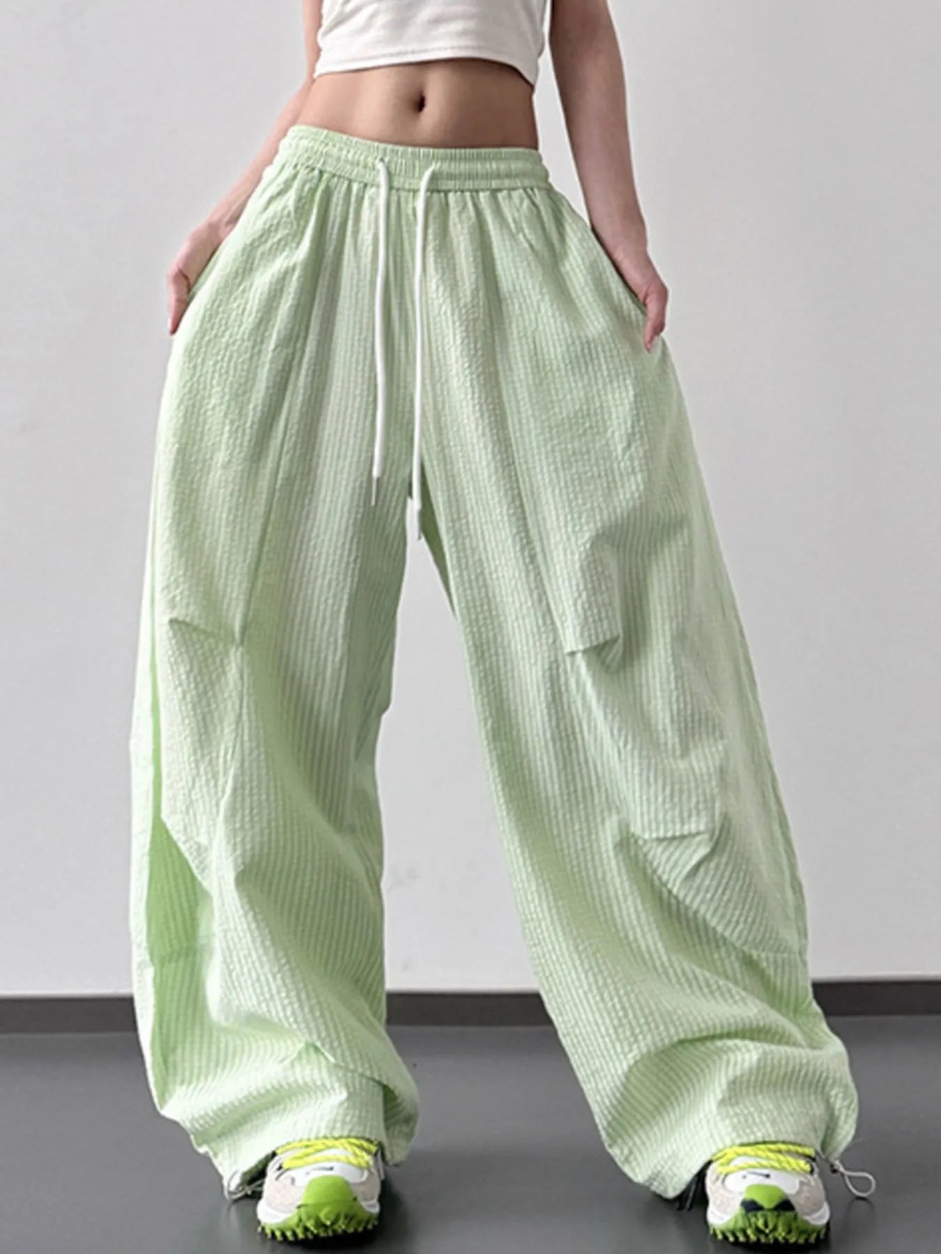 Drawstring Wide Leg Pants Green