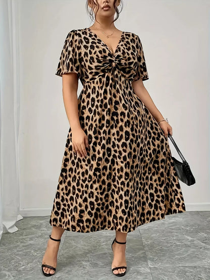Plus Size Twisted Front Leopard Short Sleeve Dress