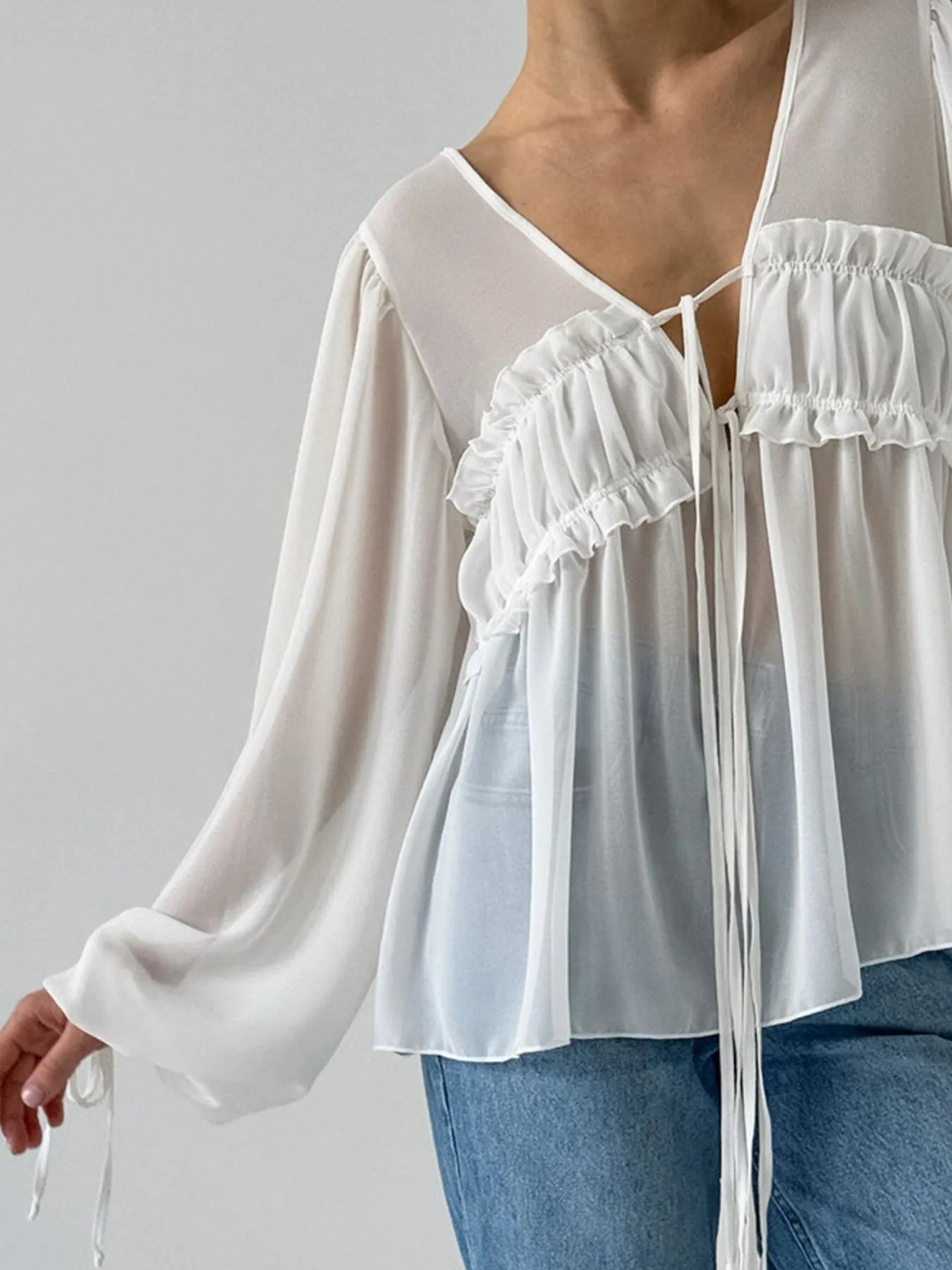 Ruffled Tie Front Long Sleeve Blouse