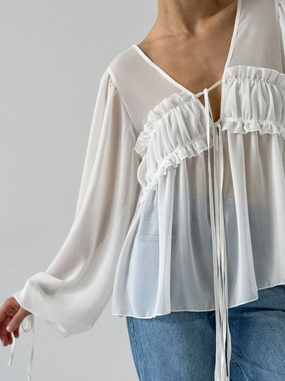 Ruffled Tie Front Long Sleeve Blouse