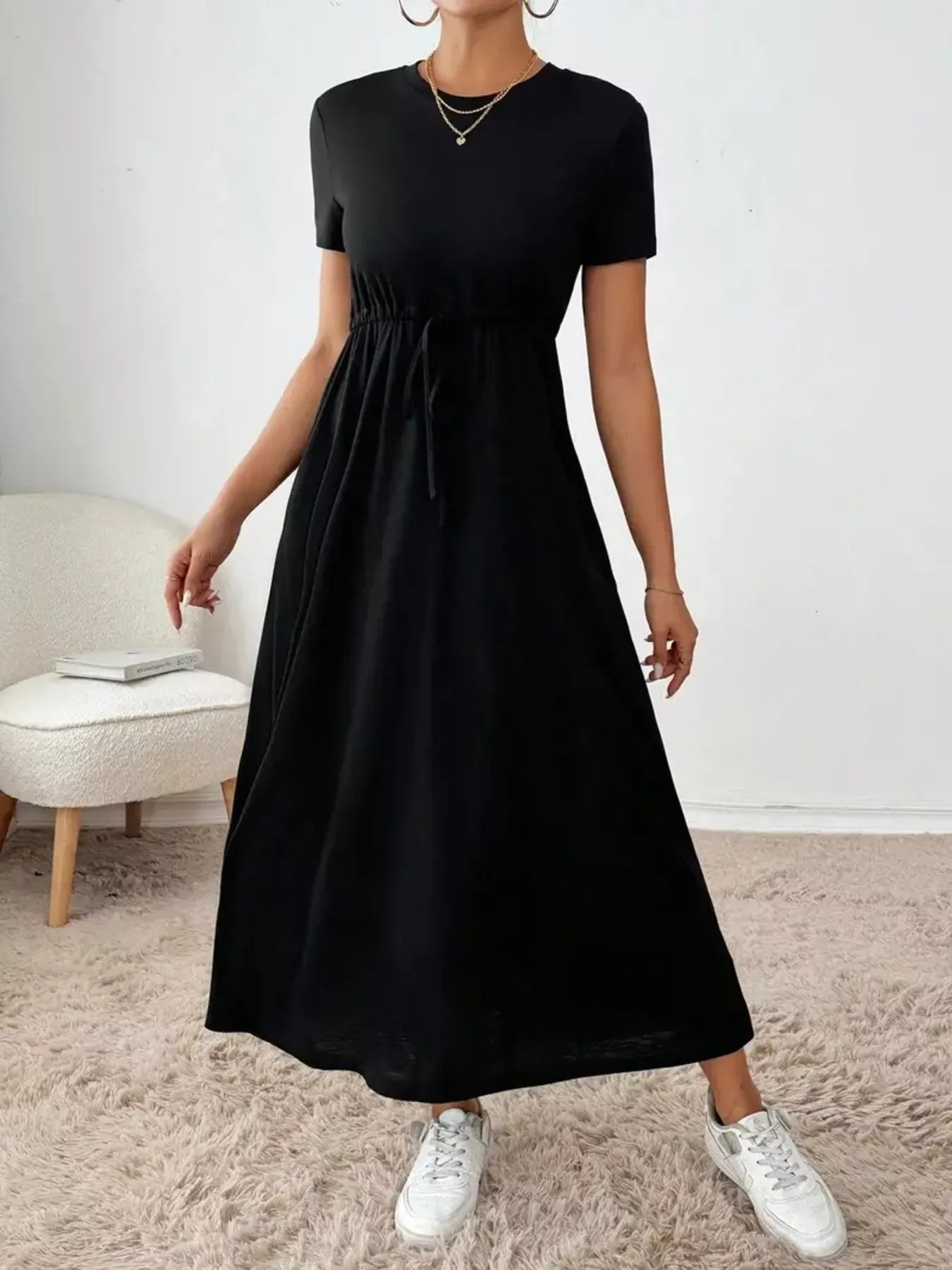 Casual Drawstring Waist Short Sleeve Tee Dress Black