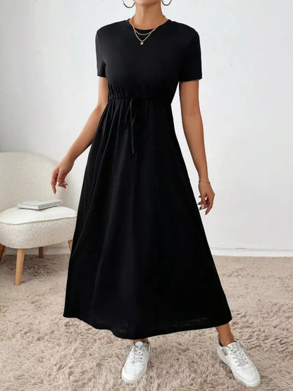 Casual Drawstring Waist Short Sleeve Tee Dress Black