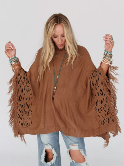 Fringe Leopard Mock Neck Batwing Sleeve Knit Top