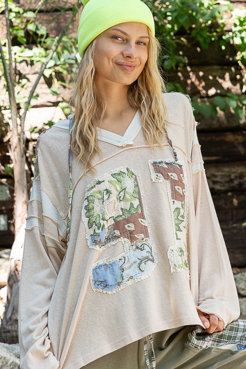 POL Exposed Seam Number Patch V-Neck Hooded Top Coconut Multi