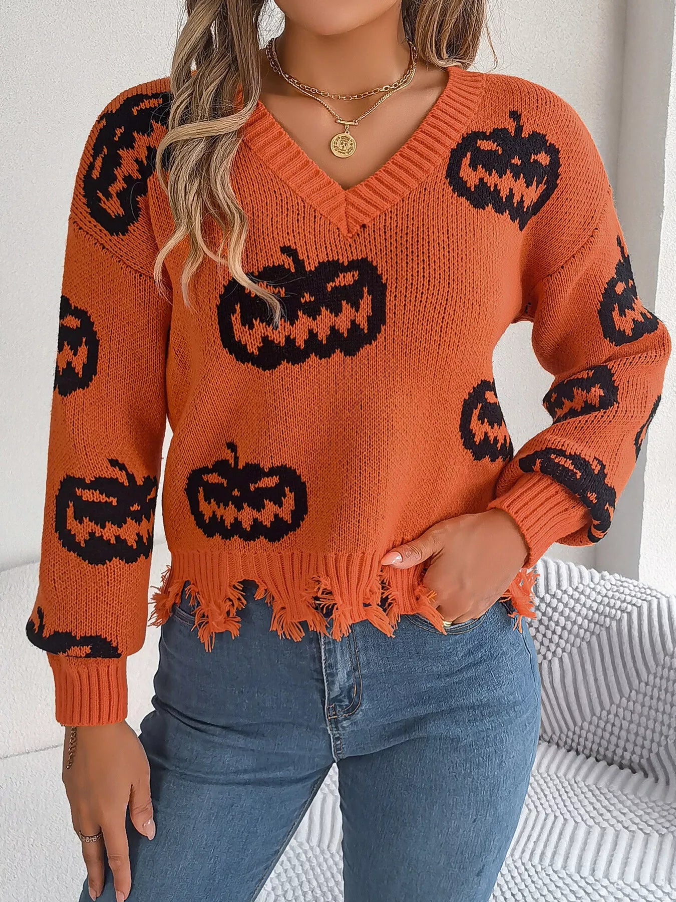 Halloween Pumpkin Pattern Raw Hem V-Neck Sweater