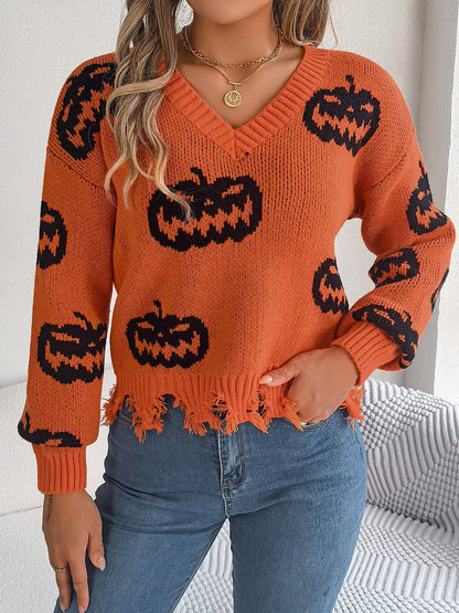 Halloween Pumpkin Pattern Raw Hem V-Neck Sweater