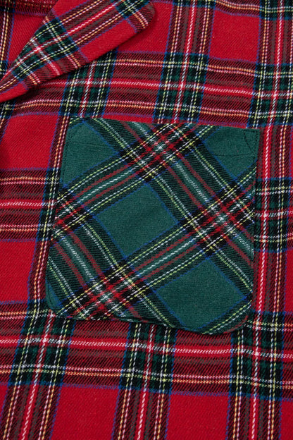 Plaid Contrast Patched Christmas Holiday Long Sleeve Shirt and Short 2pcs Pajama Set