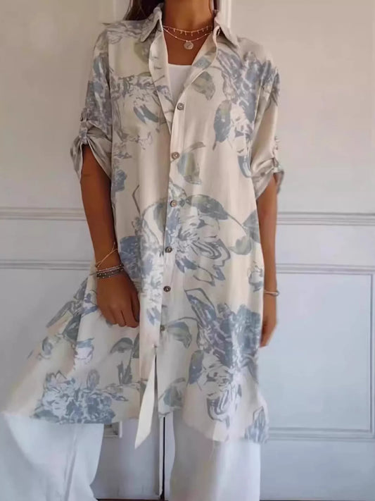 Full Size Floral Print Button-Up Shirt Dress Plus Size White