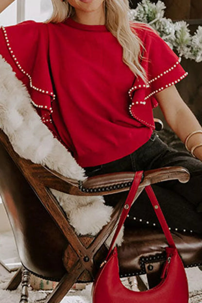 Ruffle Sleeve Pearl Embellished Knit Top