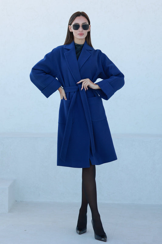 Classic Wraparound Cashmere Blend Overcoat Royal Blue