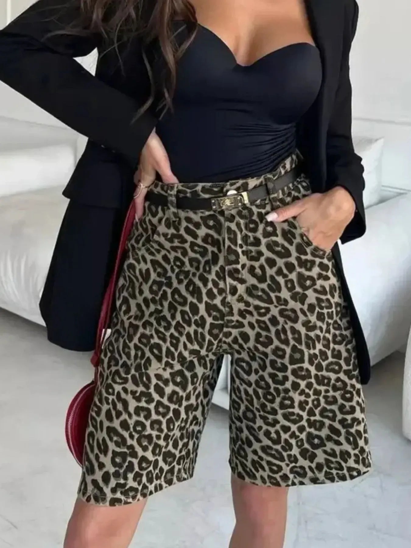 Leopard Print High-Waisted Casual Shorts