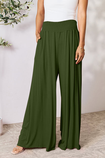 Smocked High-Waist Wide Leg Pants Army Green