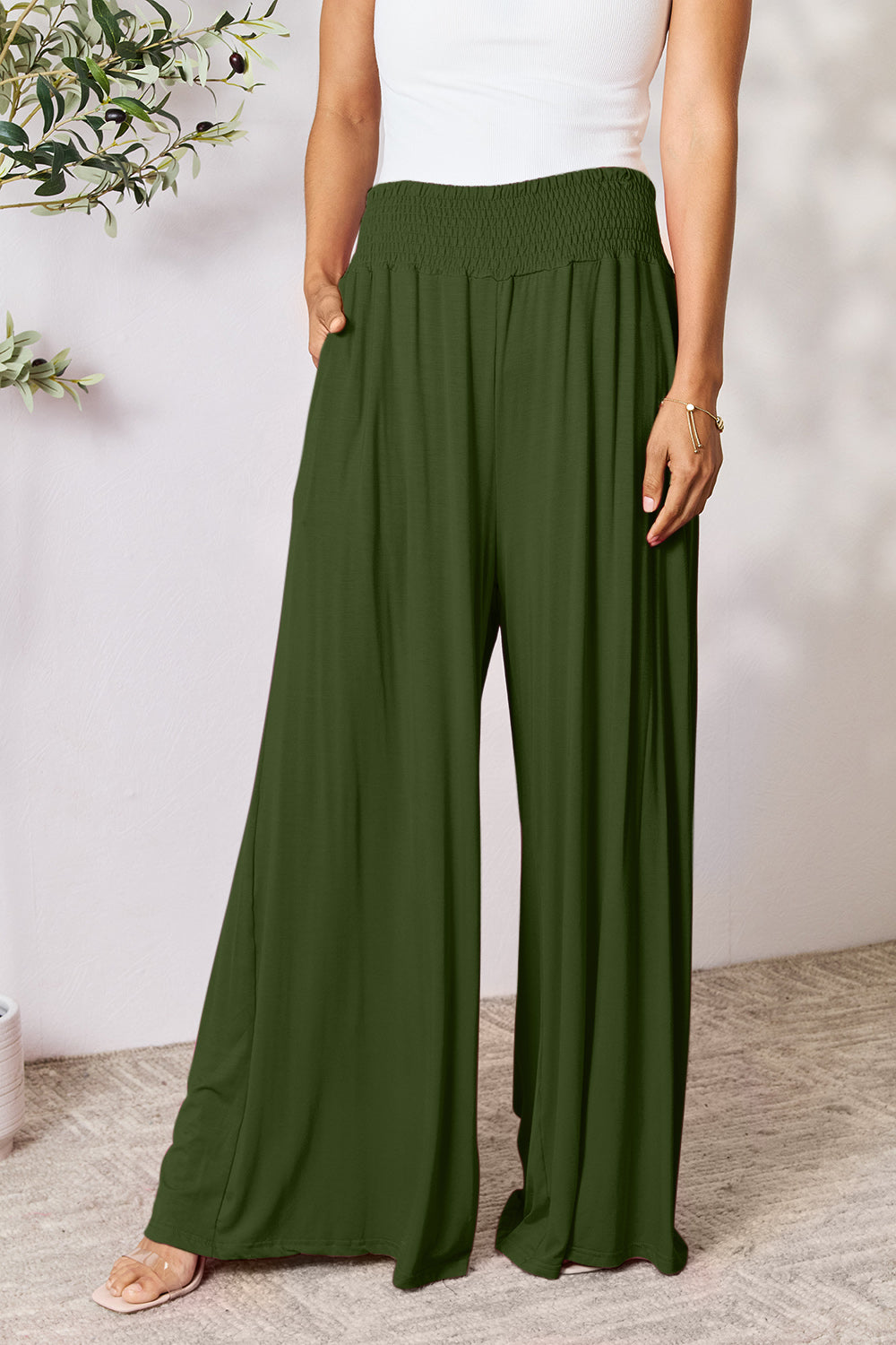 Smocked High-Waist Wide Leg Pants Army Green