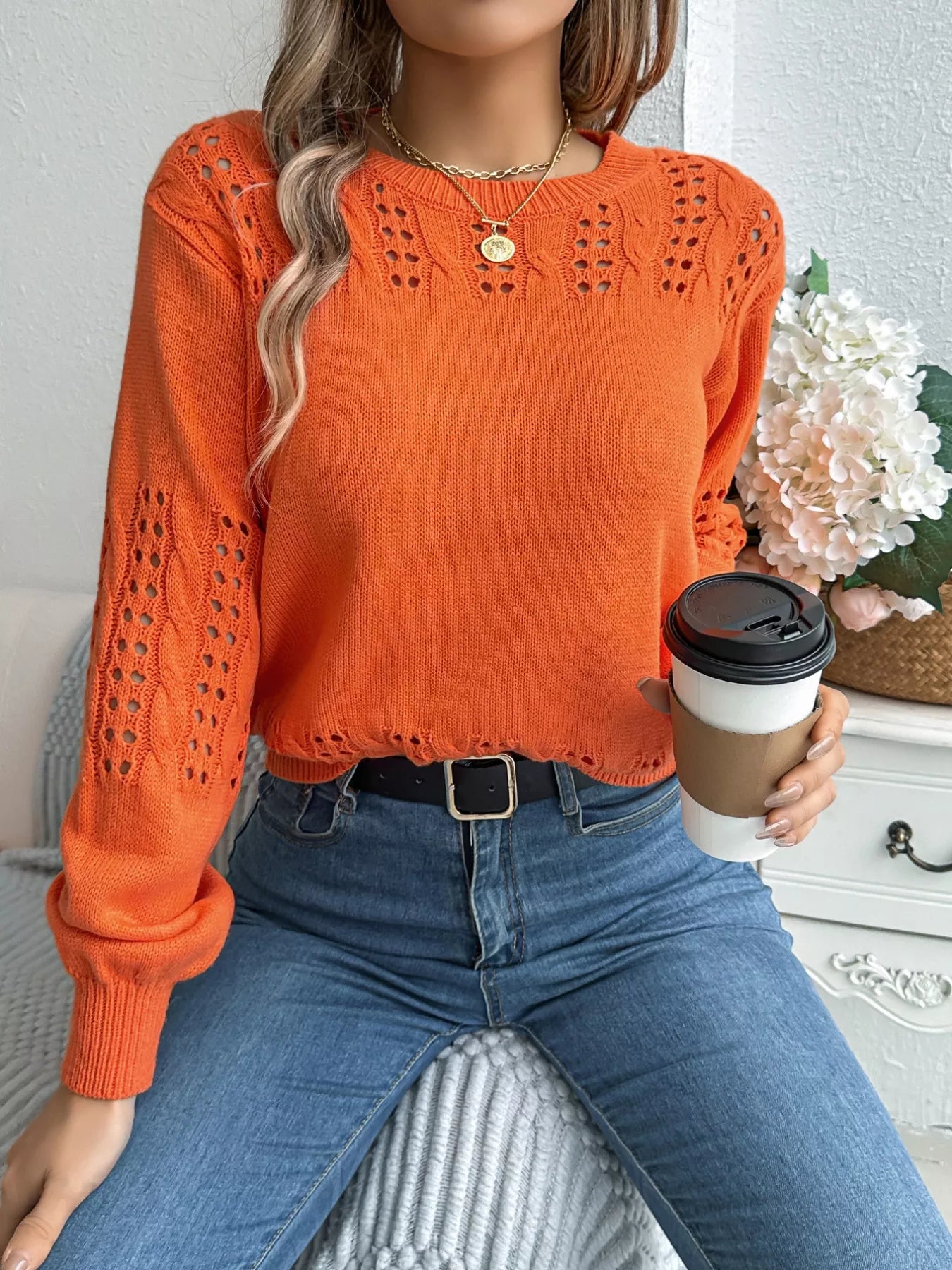 Hollow Out Eyelet Long Sleeve Sweater