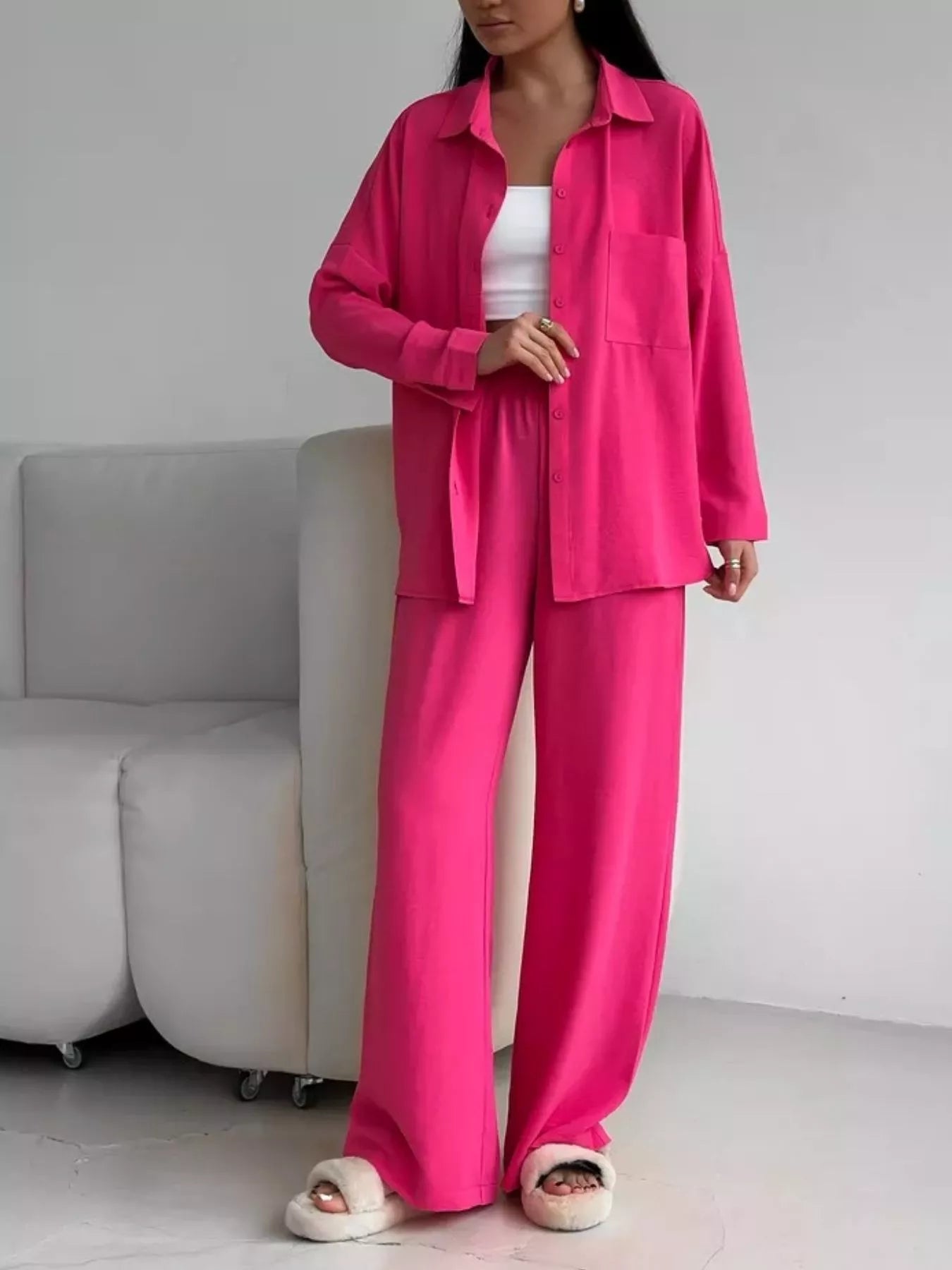 Button Up Long Sleeve Shirt and Pants Set Rose Red