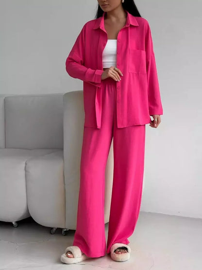 Button Up Long Sleeve Shirt and Pants Set Rose Red