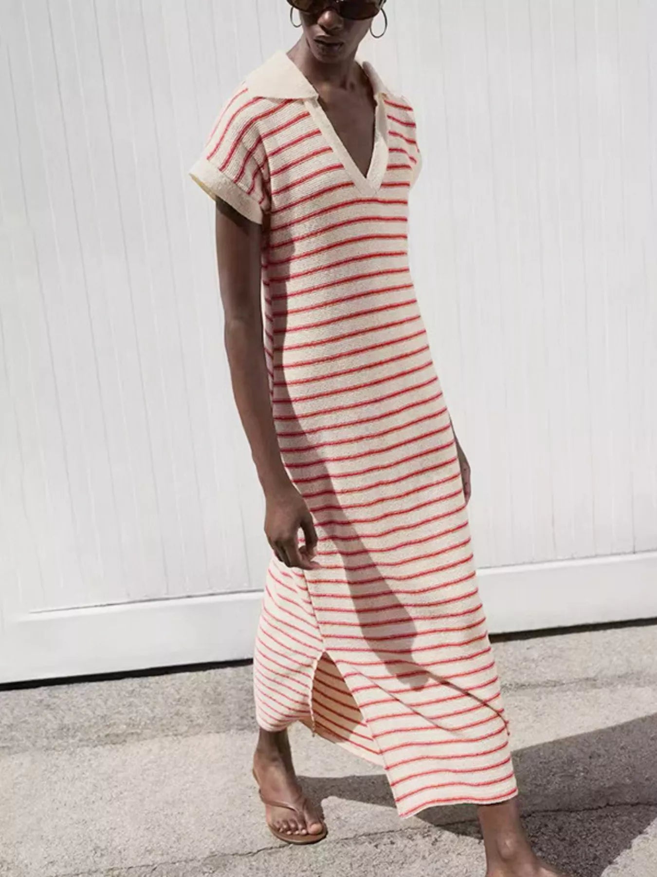 Striped Slit Short Sleeve Maxi Dress