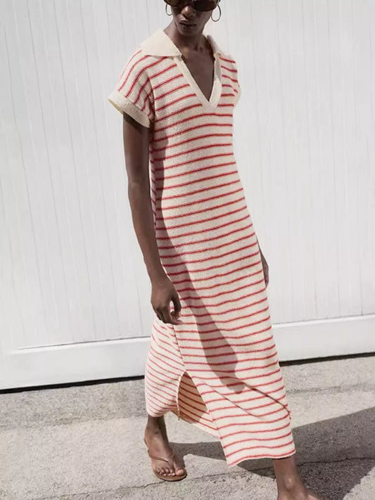 Striped Slit Short Sleeve Maxi Dress