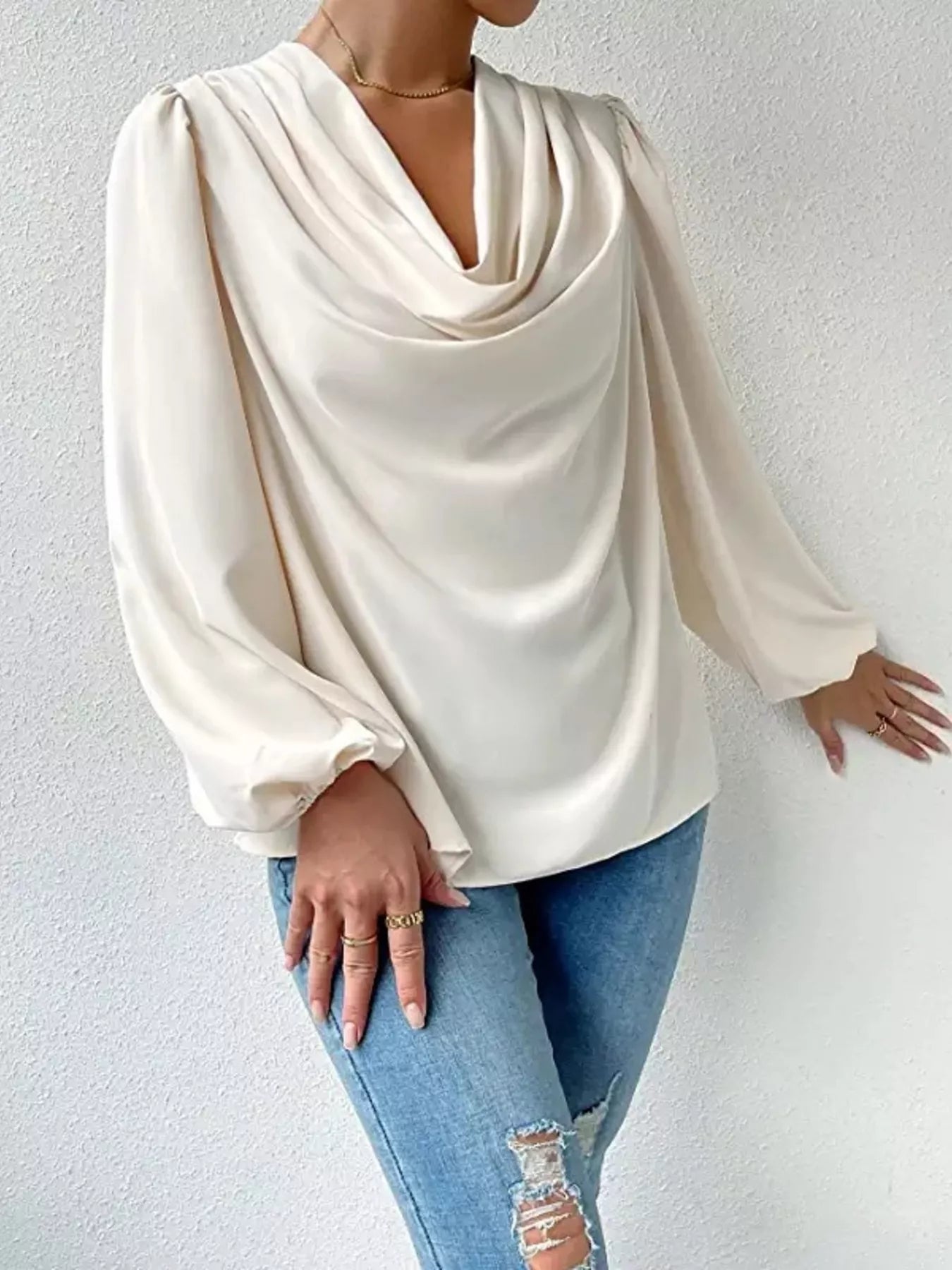 Full Size Cowl Neck Balloon Sleeve Blouse Plus Size