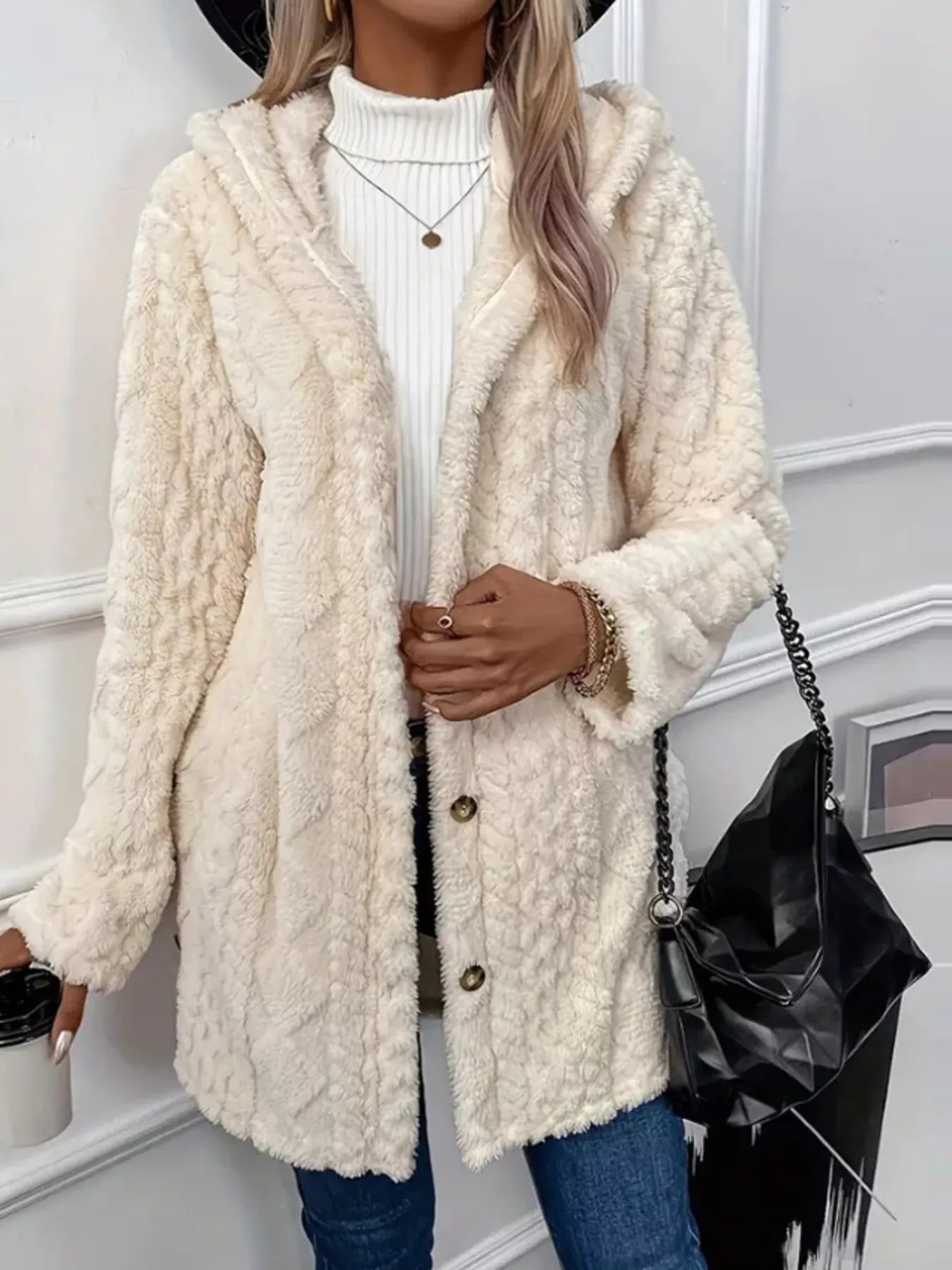 Full Size Button-Down Hooded Outerwear Plus Size White