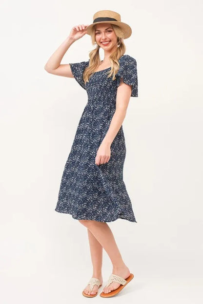 Lime 'N' Chili Smocked Floral Print Flutter Sleeve Midi Dress